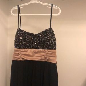 Formal black and gold sequin dress with gold ties